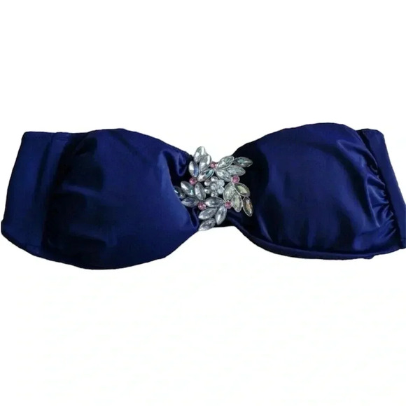 Victoria's Secret CRYSTAL BROOCH Bikini Top NAVY BLUE Bling Flower Accent medium - Picture 2 of 8